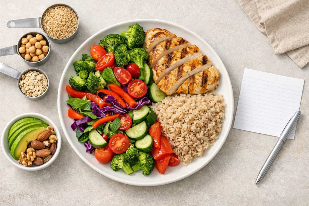 Tip 3: Build filling meals (protein + fiber) so you naturally eat fewer calories
