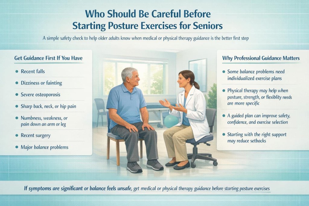 Who should be careful before starting posture exercises for seniors