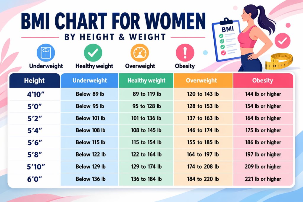 BMI chart for women by height and weight