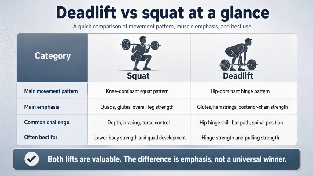 Deadlift vs squat at a glance