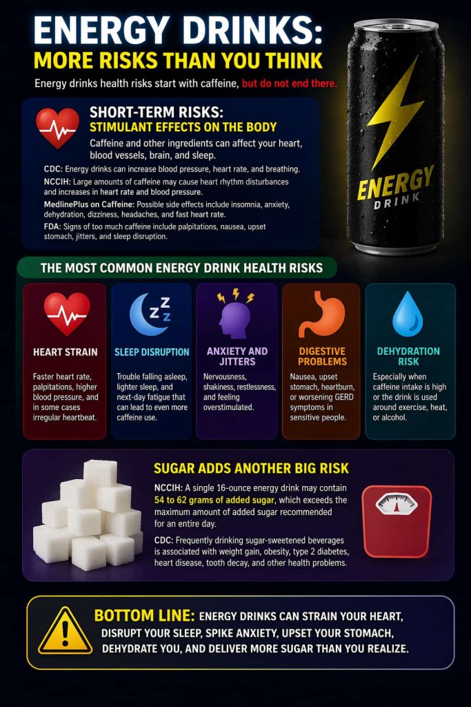 Energy drinks health risks start with caffeine, but do not end there