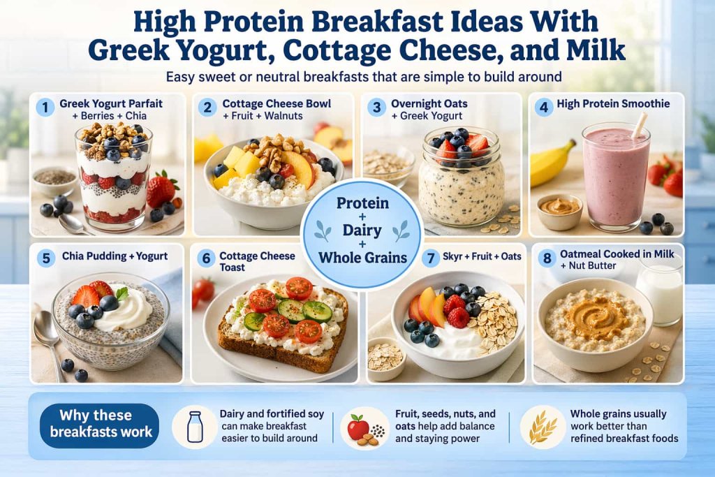 High protein breakfast ideas with Greek yogurt, cottage cheese, and milk