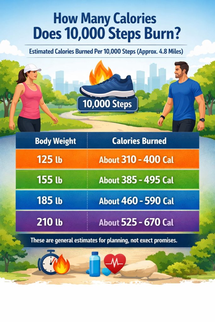 How many calories does 10,000 steps burn for most people?