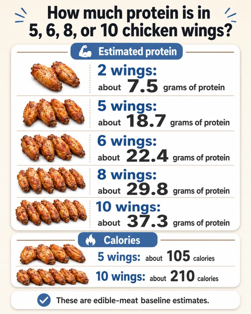 How much protein is in 5, 6, 8, or 10 chicken wings?