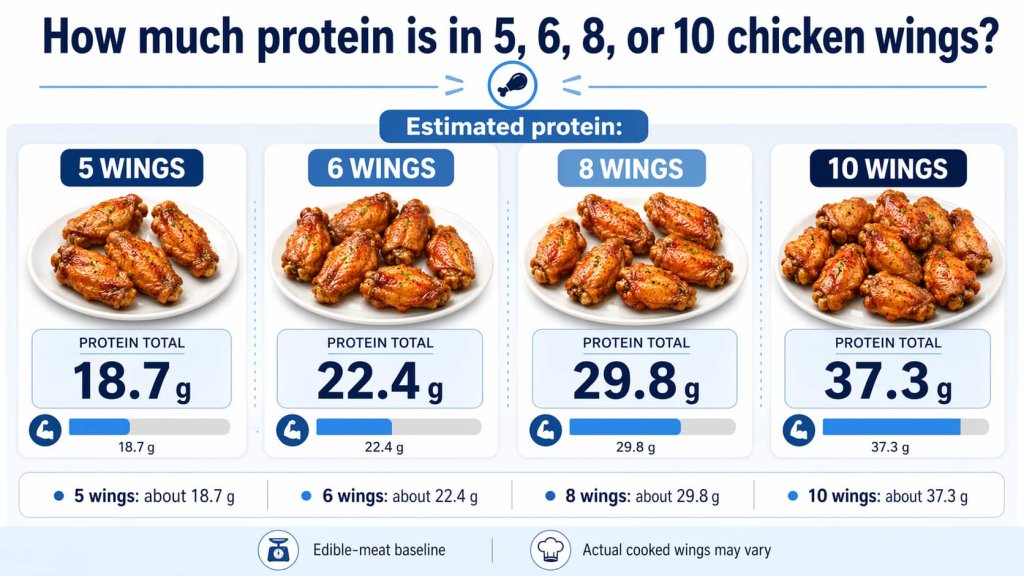 How much protein is in 5, 6, 8, or 10 chicken wings?