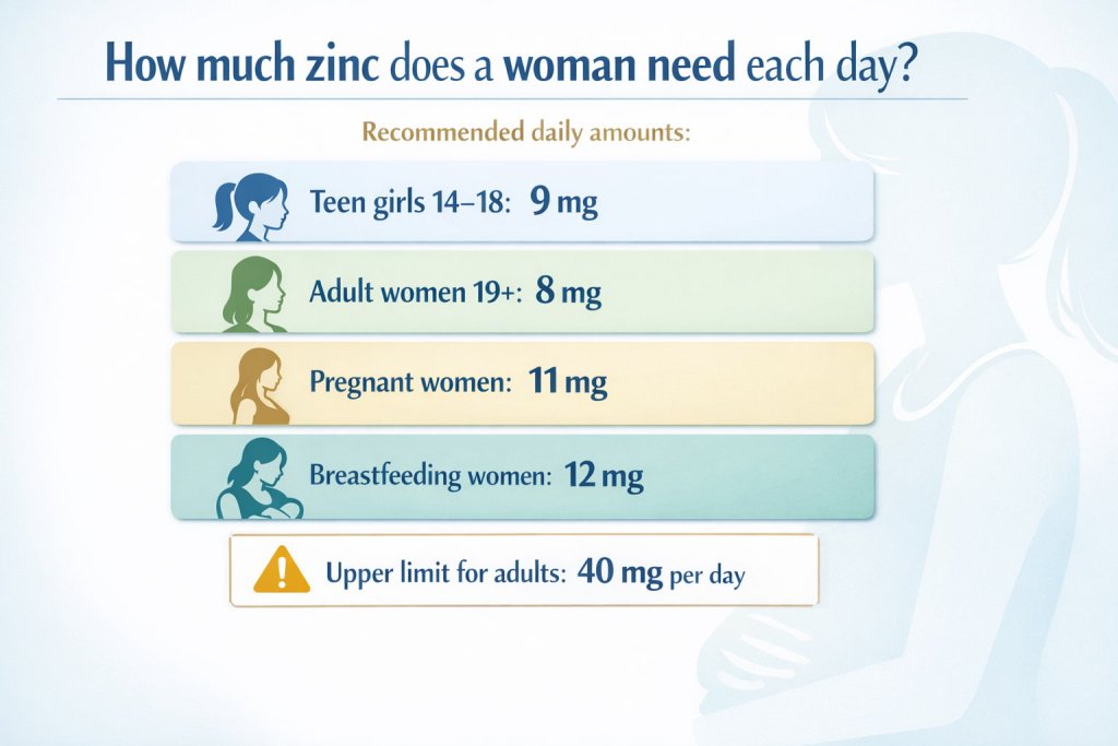 How much zinc does a woman need each day?