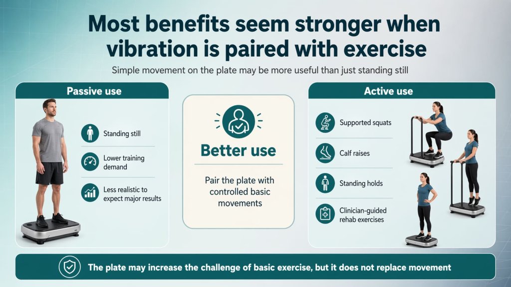 Most benefits seem stronger when vibration is paired with exercise