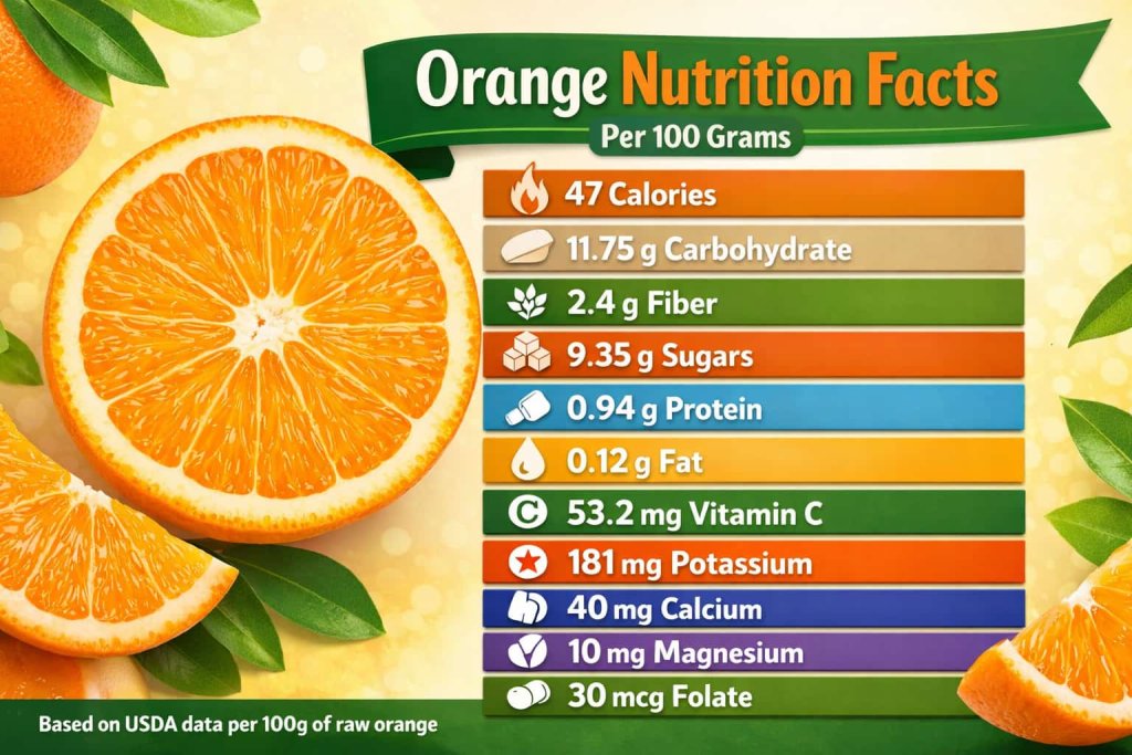Orange nutrition profile per 100 grams