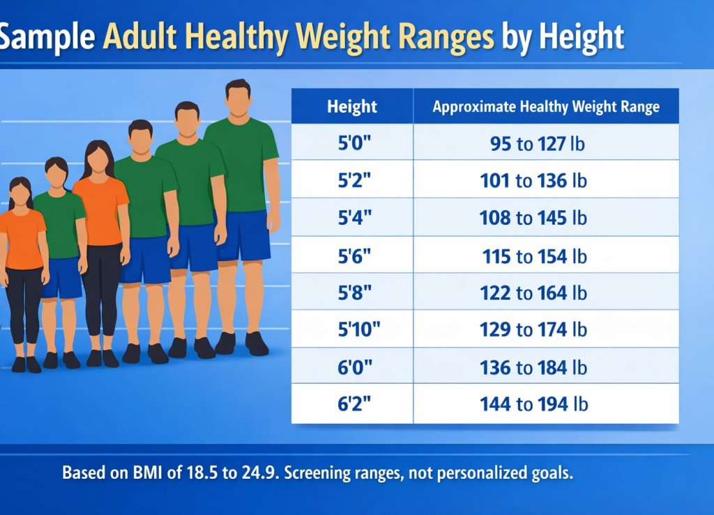 Sample adult healthy weight ranges by height