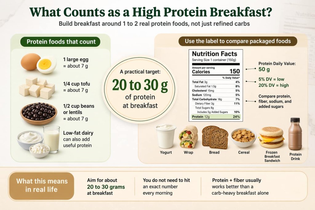 What counts as a high protein breakfast?