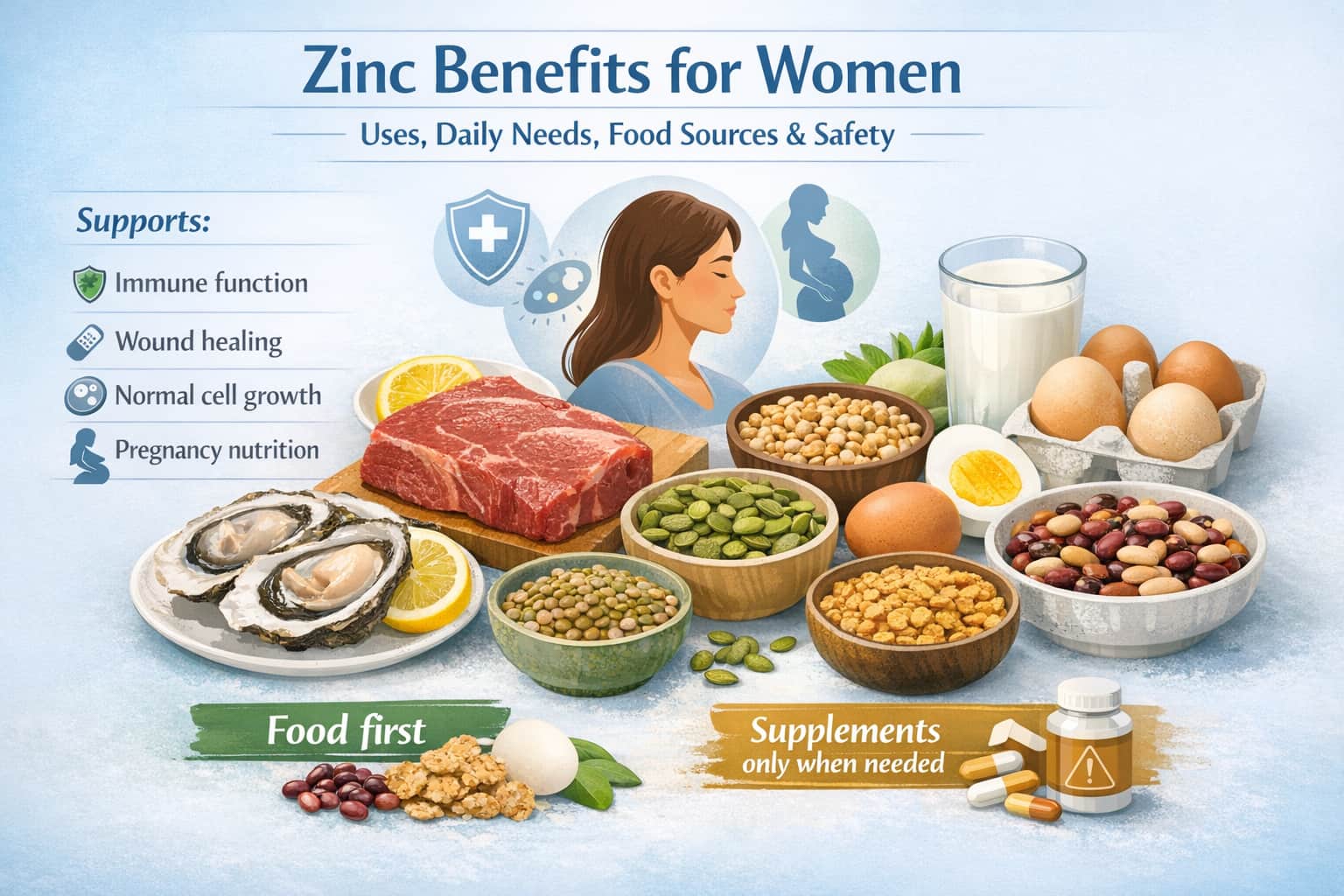 Zinc Benefits for Women: Uses, Daily Needs, Sources & Safety