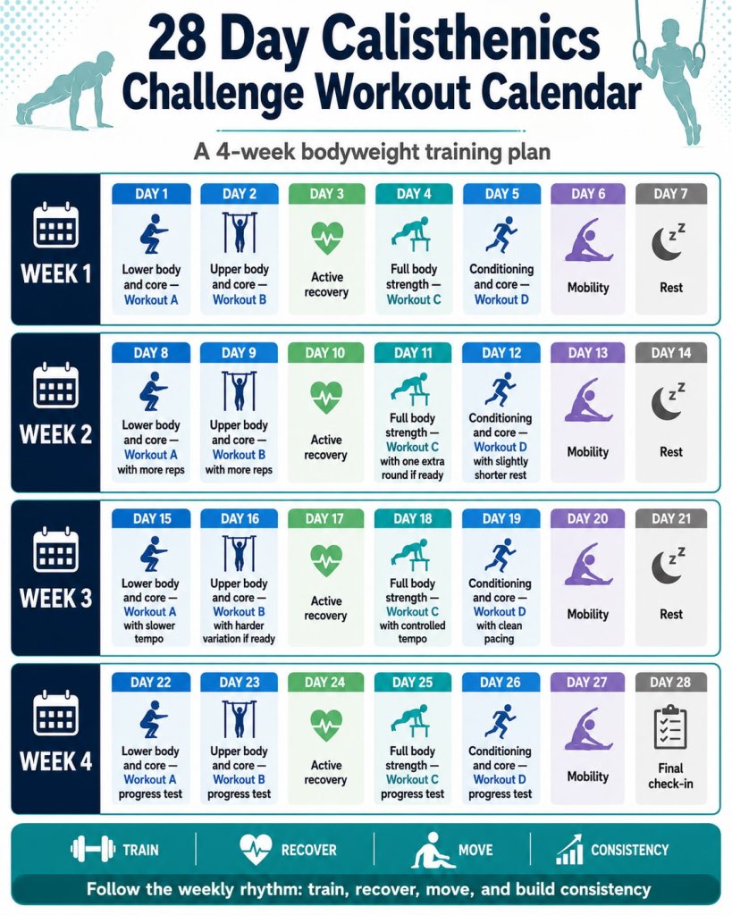 28 Day Calisthenics Challenge Workout Calendar