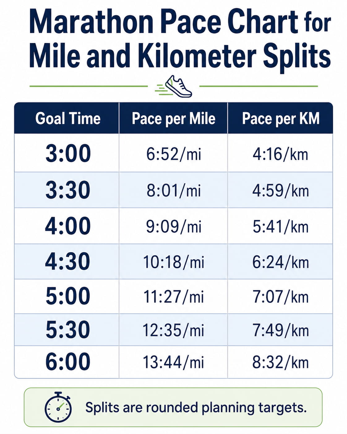 Marathon Pace Chart for Mile and Kilometer Splits