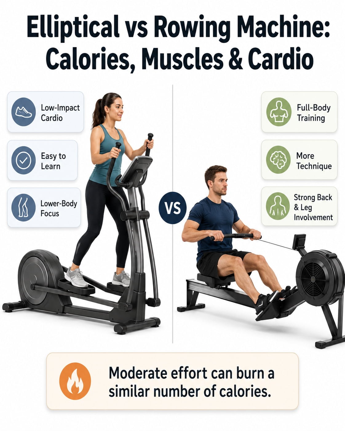 Elliptical vs Rowing Machine: Calories, Muscles & Cardio