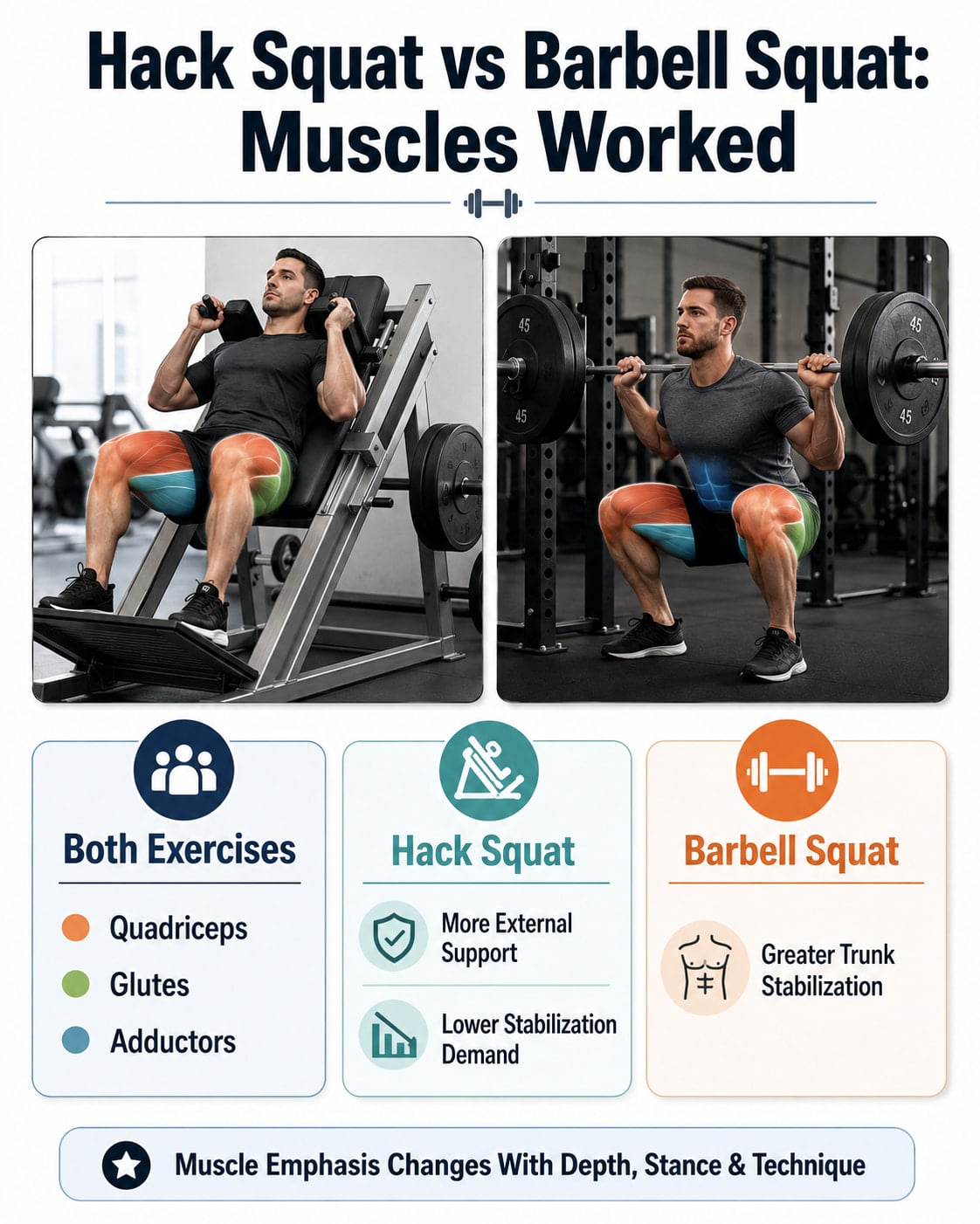 Hack Squat vs Barbell Squat: Muscles Worked