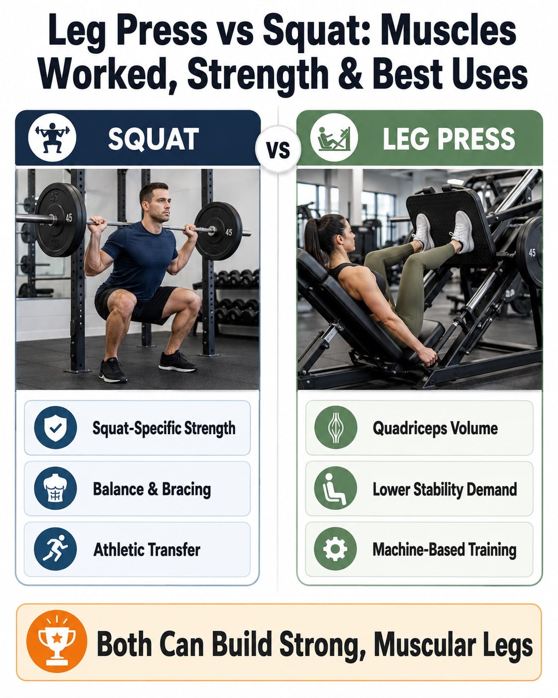 Leg Press vs Squat: Muscles Worked, Strength & Best Uses