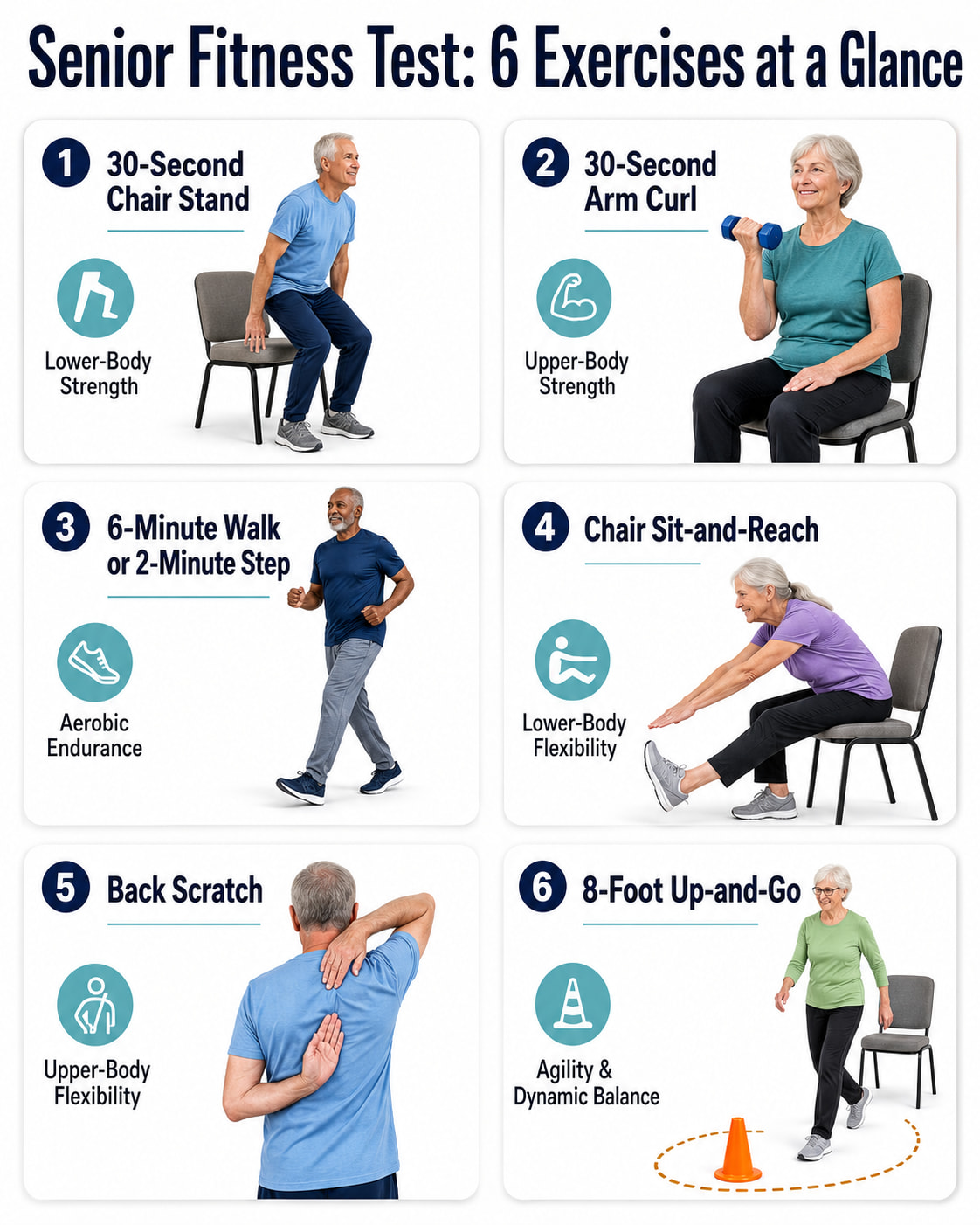 Senior Fitness Test: 6 Exercises at a Glance