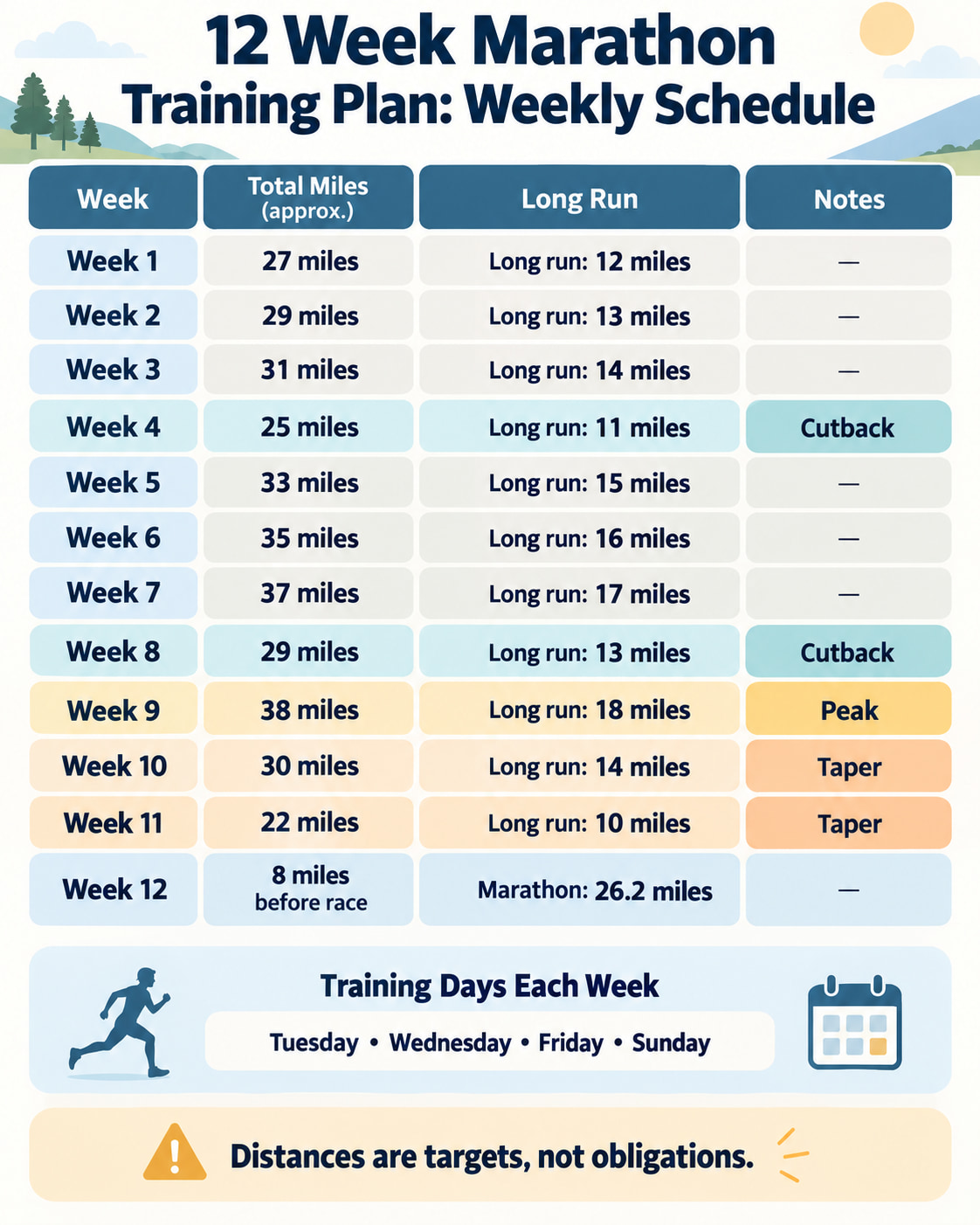 12 Week Marathon Training Plan: Weekly Schedule