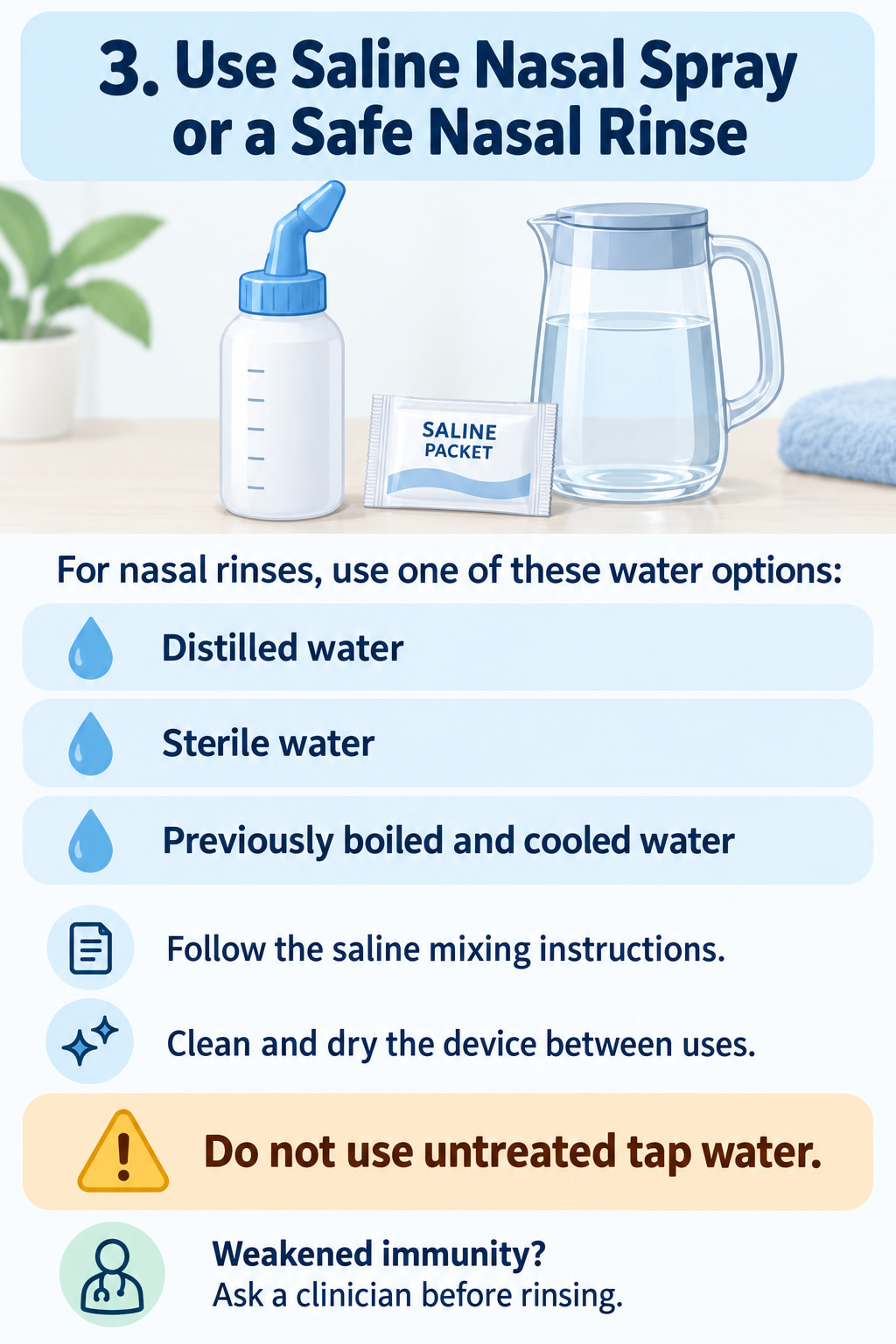 Use Saline Nasal Spray or a Safe Nasal Rinse